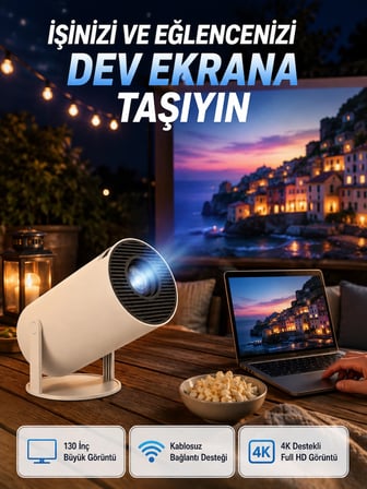Full HD 4K Destekli Akıllı Projeksiyon – 130 inç Ekran, Uzun Ömürlü Ampul ve Çoklu Giriş