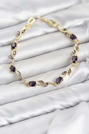 Pirinç Gold Renk Mor Zirkon Taşlı Çiçek Model Kadın Bileklik