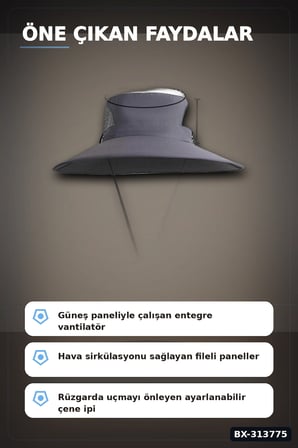 Solar Fanlı Balıkçı Şapkası - Güneş Enerjili Vantilatörlü Ayarlanabilir Açık Hava Şapkası BX-313775