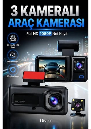 HD 3 Kameralı Araç Kamerası Ön Arka İç Kayıt Gece Görüşlü G Sensörlü Geniş Açılı