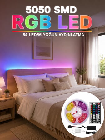 5050 SMD RGB LED Şerit 5 Metre Kumandalı Renkli TV Oda Masa Arkası Dekoratif Aydınlatma Seti
