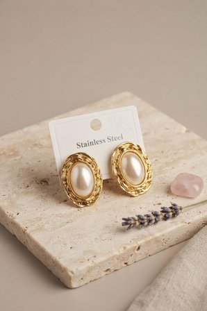 316L Gold Renk Gold Renk Vintage Beyaz İncili Model Küpe