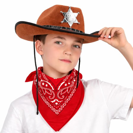 Çocuk Kovboy Şapka Rozetli Kahverengi &amp; Kırmızı Bandana Fular Seti