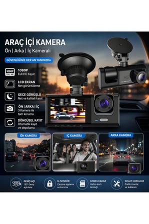 WiFi Destekli 1080p 3 Kameralı Araç İçi Kamera LCD Ekranlı Gece Görüşlü G Sensörlü