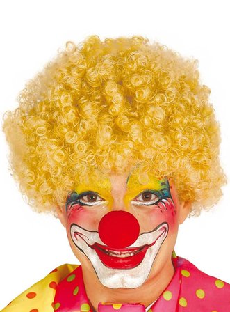 Sarı Renk Kıvırcık Afro Bonus Peruk Takma Saç Ve Kırmızı Burun Seti Bx40