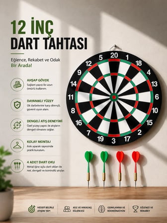 12 İnç Ahşap Dart Tahtası 4 Adet Metal Uçlu Dart Oku Dahil