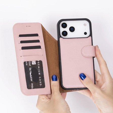 Apple iPhone 17 Pro Max için, Hakiki Deri, El Yapımı Cüzdanlı Kılıf, Magsafe ile uyumlu, İç Yüzeyi Kadife, Pembe