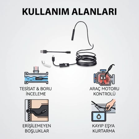5 Metre Yılan Kamera - LED Işıklı - IP67 Su Geçirmez - 3 Farklı Başlıklı