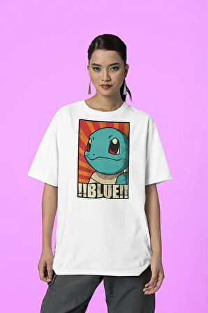 Pokemon Karakter Blue Baskılı Unisex Tişört, Oversize Çizgi Film Tişört