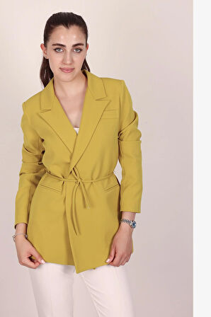 Kadın Yağ Yeşili Bel Bağlamalı Blazer Ceket