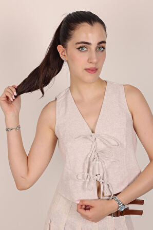 Kadın Taş Önü İpli Bağlamalı Yelek