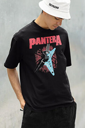 Gitar Pantera Müzik Grubu Baskılı Unisex Oversize Tişört