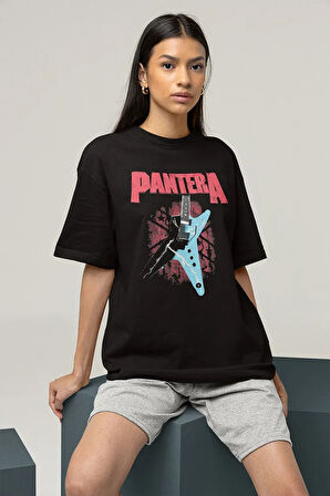 Gitar Pantera Müzik Grubu Baskılı Unisex Oversize Tişört