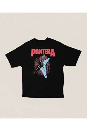 Gitar Pantera Müzik Grubu Baskılı Unisex Oversize Tişört