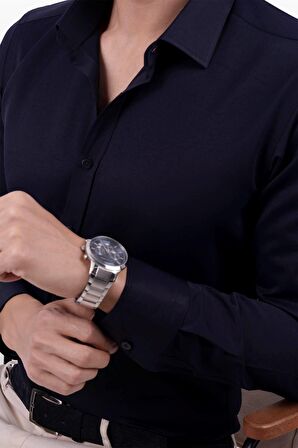 Gömlek Kravat Seti (Lacivert Şal Desenli Kravat & Lacivert Saten Slimfit Gömlek)