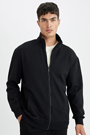 DeFacto Comfort Regular Fit Rahat Kesim Dik Yaka Cepli Basic Düz Fermuarlı Sweatshirt D4971AX24AUBK81