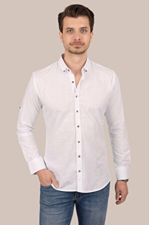Beyaz Kahve Düğmeli Keten Slimfit   Gömlek