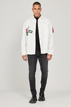 Erkek Ekru Oversize Fit Bol Kesim Klasik Yaka Kareli Gömlek