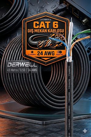45 Metre Cat 6 Dış Mekan İnternet Ethernet Kablosu 24 AWG UV Dayanıklı Su Geçirmez Siyah Bakır Modem Bağlantı Kablosu