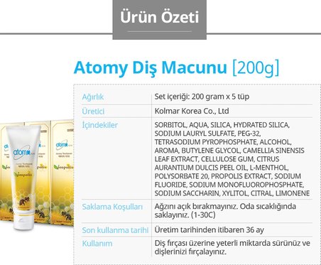 Atomy PROPOLİS VE YEŞİL ÇAY ÖZLÜ DİŞ MACUNU 200 GR 2 Lİ PAKET