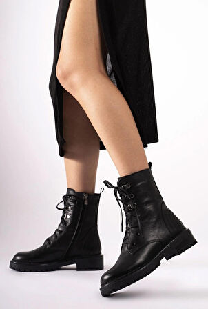 Hakiki Deri Kadin Uzun Bot Fermuarli Dikisli Bagcikli Postal