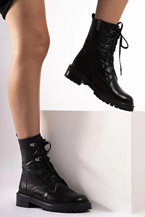 Hakiki Deri Kadin Uzun Bot  Fermuarli Dikisli Bagcikli Postal