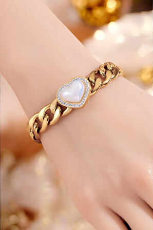 Kalpli Kalın Zincirli Gold Çelik Charm Bileklik