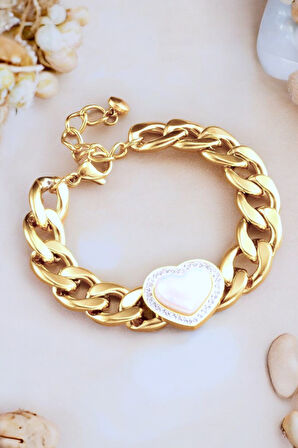 Kalpli Kalın Zincirli Gold Çelik Charm Bileklik