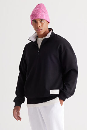 Erkek Siyah Loose Fit Bato Yaka Içi Polarlı 3 Iplik Baskılı Sweatshirt