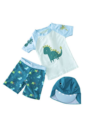 Erkek Bebek 3'lu Set- Upf 50 + Güneş Korumali Sort Mayo + Tshirt 'u + Sapka Seti Cute Dıno