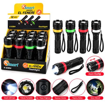 12 ADET ZOOMLU EL FENERİ 3XAAA PİLLİ RENKLİ PLASTİK K-0384 (4604)