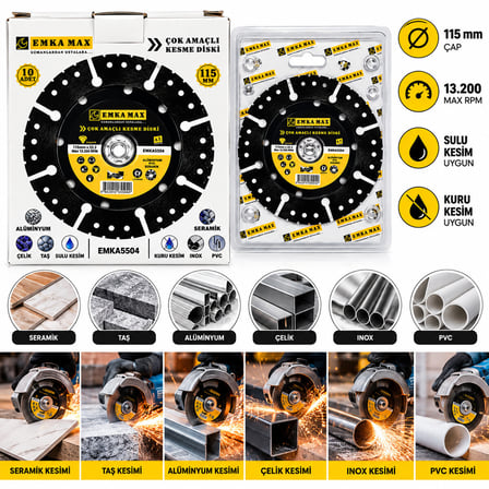 10 ADET ÇOK AMAÇLI KESME DİSK SERAMİK - ÇELİK - PVC - INOX - ALÜMİNYUM - TAŞ 115MMX22.2 (4604)