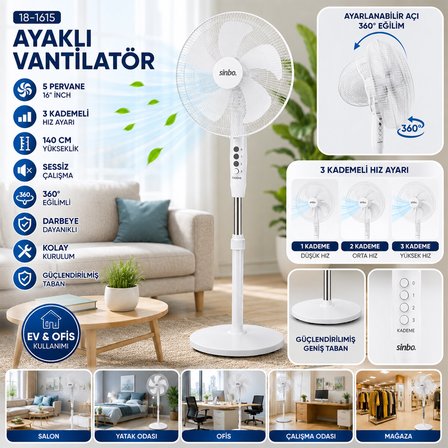 BEYAZ 5 PERVANE - 16 INC EV - OFİS KOMPAKT - SESSİZ - ÜÇ KADEME 140CM YÜKSEKLİK AYAKLI VANTİLATÖR SF-6789 (4604)