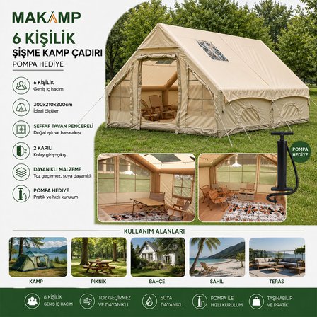 6 KİŞİLİK POMPA HEDİYE TOZ GEÇİRMEZ 300CMX210CMX200CM ŞİŞME ÇADIR HERHANGİ BİR RENK GÖNDERİLİR (4604)