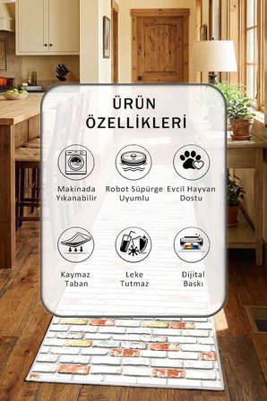 Yıkanabilir Kaymaz Mod0 Beyaz Mutfak Halısı Tüy Tutmaz Leke Tutmaz