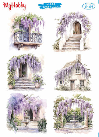 ST594 Mor Salkım, Manzara Desenli Açık Zemin Sulu Transfer 25*35 cm