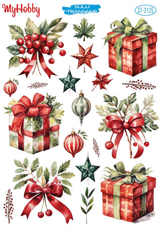 ST2125 Yeniyıl Serisi, Hediye, Kokina, Yıldız Desenli Açık Zemin Sulu Transfer 25*35 cm