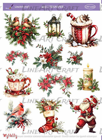 ST2356 Yeniyıl Serisi, Mum, Noelbaba, Fener, Kızılgerdan Desenli Açık Zemin Sulu Transfer 25*35 cm