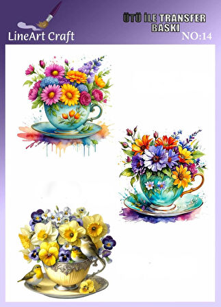 Fincan, Çiçek Desen N: 14 Kumaş Transfer Kağıdı 20*20