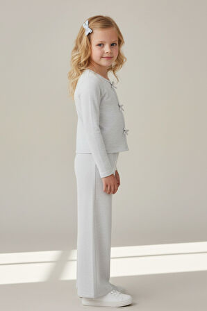 Kız Çocuk Gri Fiyonk Detaylı Uzun Kollu Tişört ve Bol Paça Pantolon Takım - Kız Çocuk Takım 
