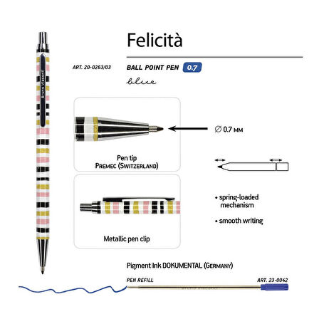 Felicita Tükenmez Kalem Mavi 0.7 Mm Kutulu Metal Gövde Şeritler 20-0263/03