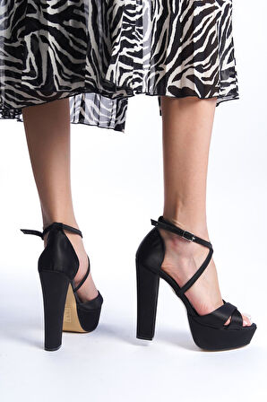 Siyah Saten Çapraza Çapraz Yüksek Topuk Rahat Abiye Ayakkabı