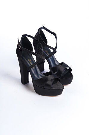 Siyah Saten Çapraza Çapraz Yüksek Topuk Rahat Abiye Ayakkabı