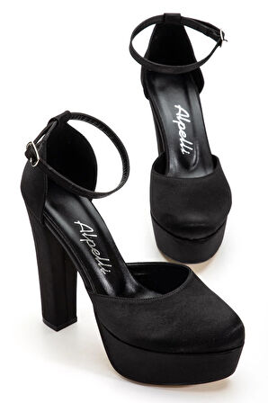 Kadın Siyah Saten Bilekten Bağlamalı Burnu Kapalı Koşma Garantili Platform Topuklu Abiye Ayakkabı