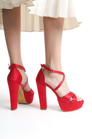 Kırmızı Çapraza Çapraz Saten Abiye Ayakkabı