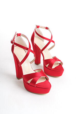 Kırmızı Çapraza Çapraz Saten Abiye Ayakkabı