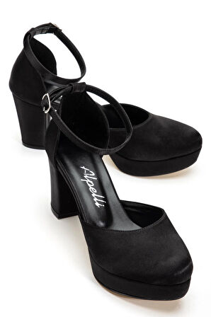Kadın Siyah Saten Bilekten Bağlamalı Burnu Kapalı Koşma Garantili Platform Topuklu Abiye Ayakkabı