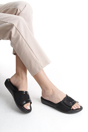 Ortopedik Deri Taban Topuk Dikeni ve Kemik Çıkıntısı Destekli Günlük Siyah Terlik