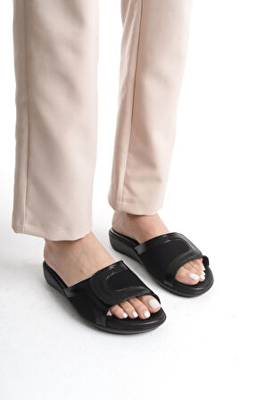 Ortopedik Deri Taban Topuk Dikeni ve Kemik Çıkıntısı Destekli Günlük Siyah Terlik