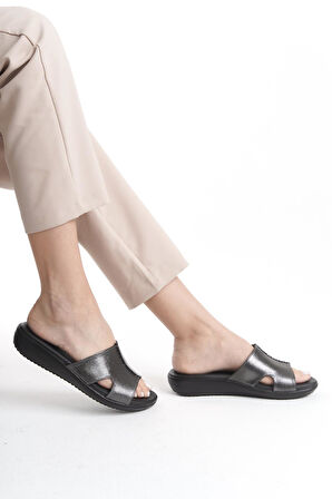 Ortopedik Deri Taban Topuk Dikeni Destekli Günlük Platin Terlik